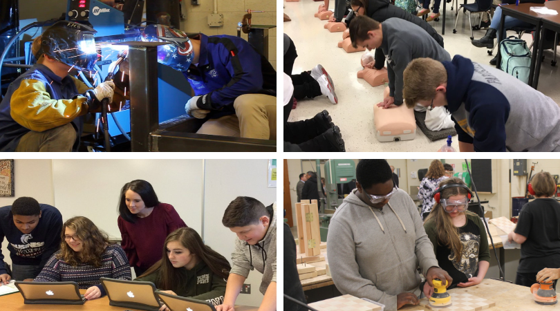 A collage of students welding, learning CPR, working on laptops and woodworking
